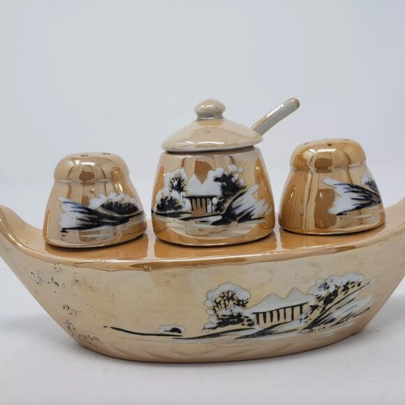 Vintage Condiment Set Salt & Pepper Mustard Jar w/ Spoon Lusterware Japan Boat - Picture 3 of 7